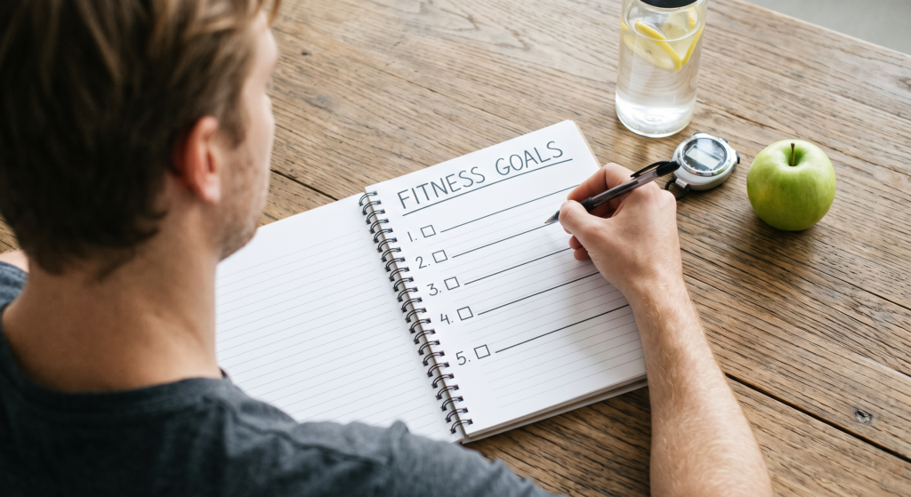 A young man sitting at a wooden desk in a home office, focused on writing a workout plan in a planner. His desk features an open laptop displaying strength training routines, a fitness app on his smartphone, notebooks, a water bottle, resistance bands, and a light dumbbell. In the background, bookshelf-lined walls display health and nutrition books alongside motivational gym posters.